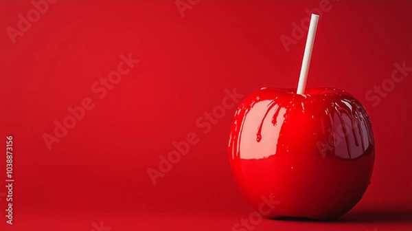 Fototapeta Halloween banner with copy space, candy apple, caramelized with glaze, vibrant red background