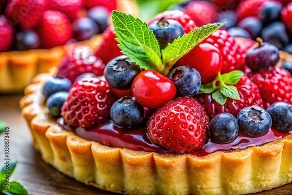 Fototapeta Indulge in a mouthwatering summer berry tart, featuring a flaky pastry crust, set against a vibrant HD backdrop perfect for food enthusiasts and berry lovers alike.