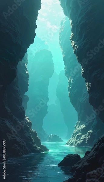 Fototapeta Mysterious canyon with turquoise water illuminated by sunlight