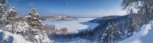 Fototapeta A sweeping panoramic view of a winter wonderland, with snowcovered trees, hills, and a frozen lake shimmering in the distance