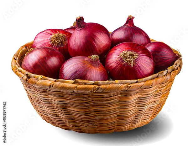 Fototapeta Straw basket of red onions isolated on transparent background PNG file