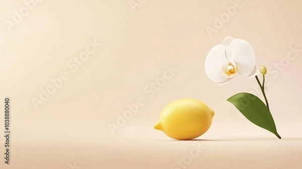 Fototapeta   A lemon beside a white blossom and a lemon on a light taupe canvas with a soft pink background