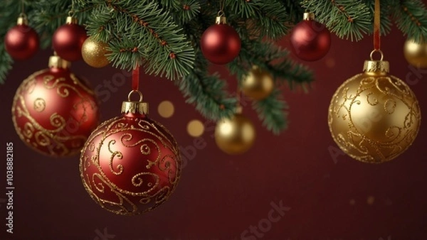 Fototapeta Beautiful Christmas ornaments hanging from a decorated tree with a festive background