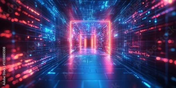 Obraz Glowing neon digital door portal with bright light effects in futuristic abstract cyberpunk landscape new beautiful stock image illustration AI