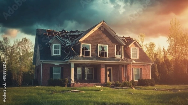 Fototapeta A house stands missing its roof showing the devastation left by a recent tornado strike