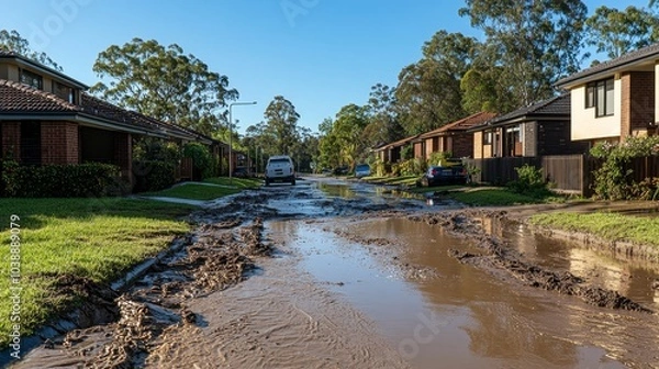 Fototapeta A river overflows and inundates homes creating muddy conditions and affecting residents