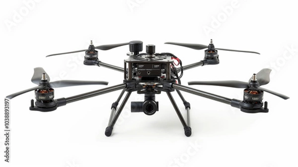Fototapeta Black quadcopter drone with camera and four rotors.