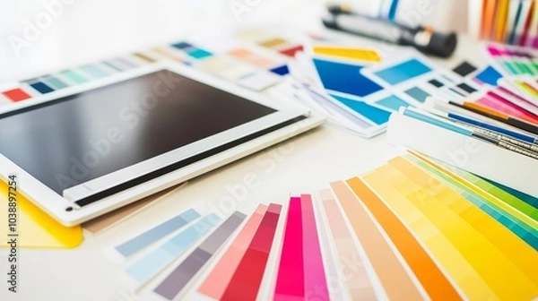 Obraz A tablet computer and color swatches on a white desk.