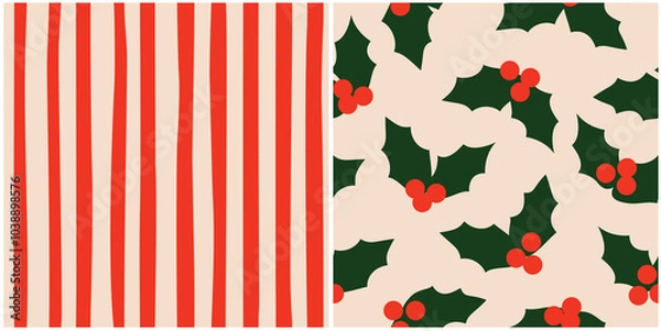 Fototapeta Christmas patterns collection. Seamless vector textures. Bold cute vintage style backgrounds with holly and abstract striped wallpaper.