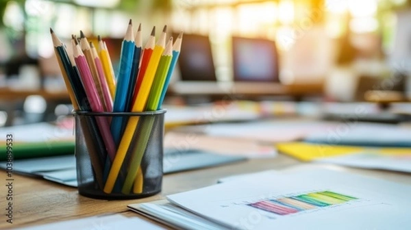 Fototapeta Colorful pencils in a holder on a desk with paperwork.
