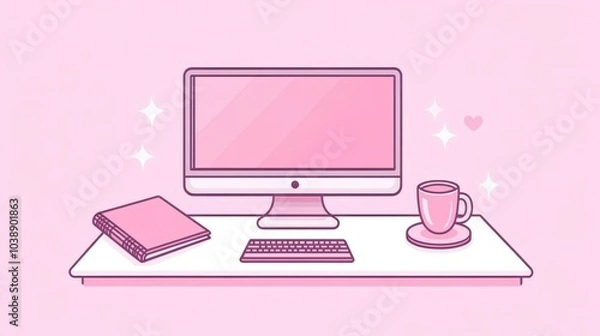 Fototapeta Minimalist illustration of a pink desktop computer with a book, keyboard, and coffee mug on a white desk.