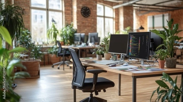 Fototapeta Modern office with a black office chair and computer monitor on a desk.
