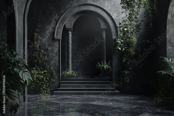 Fototapeta Mystical Archway with Lush Greenery in Dark Marble Setting