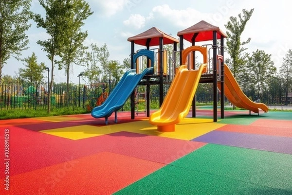 Fototapeta Three slides on a multicolored rubber surface with grass and cobblestone flooring in an outdoor playground viewed from the side