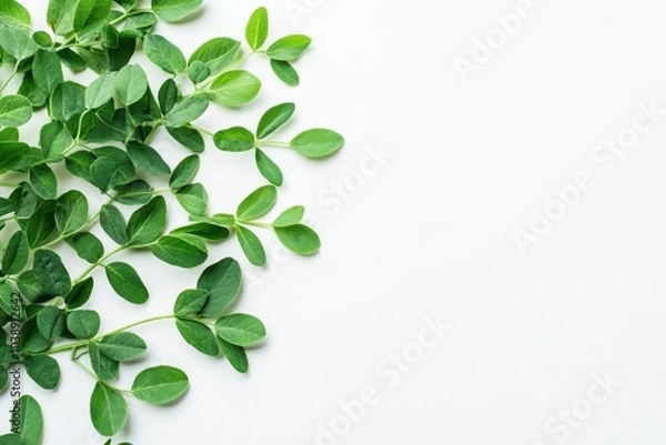 Fototapeta Top view of fresh fenugreek leaves from a garden used for curry on a white background