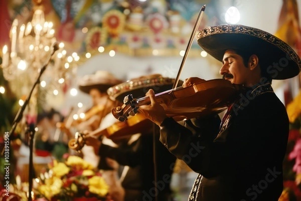 Fototapeta A mariachi band playing lively songs at a festive altar. 