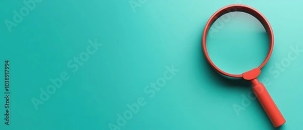 Fototapeta A red magnifying glass on a teal background, symbolizing search and exploration.