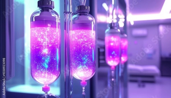 Fototapeta A futuristic clinic where patients receive IV vitamin therapy, with high-tech IV bags glowing with colorful nutrient solutions.
