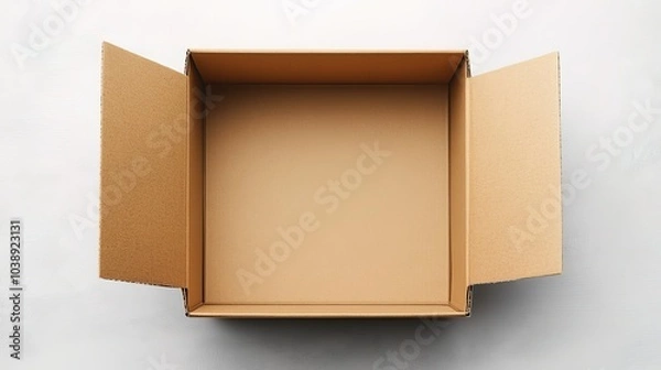 Fototapeta Top view of an open, empty cardboard box mockup on a light background