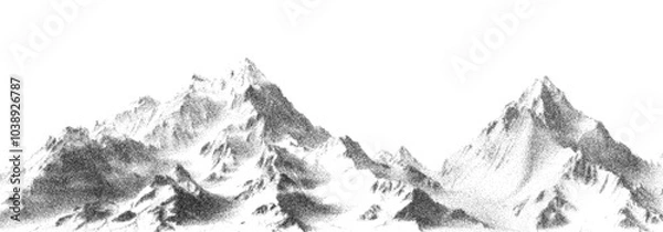 Fototapeta Abstract stippled mountain range in overlay pointillism grunge texture style. Vintage photocopy of snowy hill chain, mount landscape with grainy noise. Retro halftone vector illustration