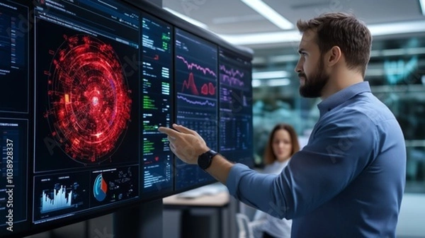 Fototapeta Analyzing Data on High-Tech Interactive Display in Modern Office Environment