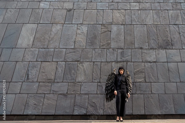 Fototapeta A mysterious figure with wings stands against a modern stone wall in an urban setting at dusk