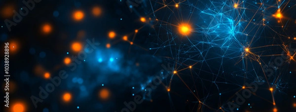 Fototapeta Abstract digital background with orange and blue glowing connections geometric patterns on a dark blue background. AI generation