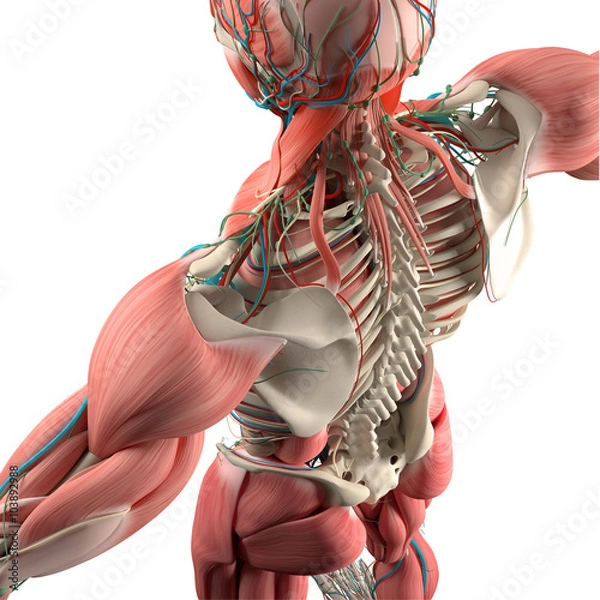 Fototapeta Human anatomy, back,torso, skeleton,muscle. High angle. On white studio background.