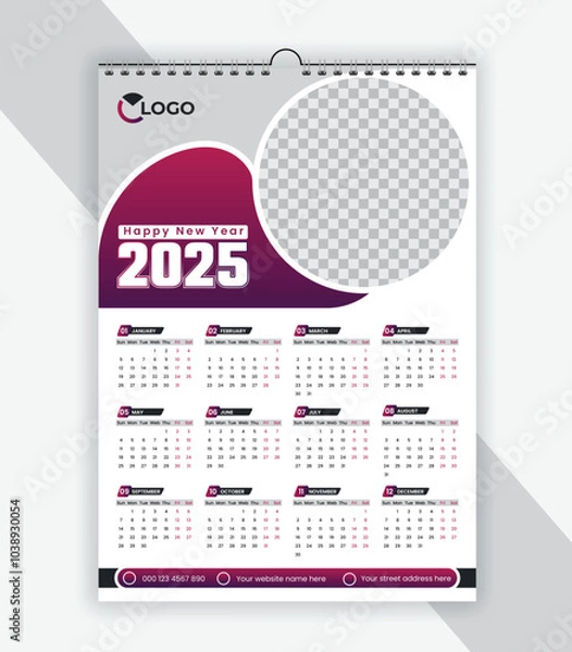 Fototapeta Single page wall calendar 2025 design template, modern and clean style vector one page calendar design 2025, a4 vector template