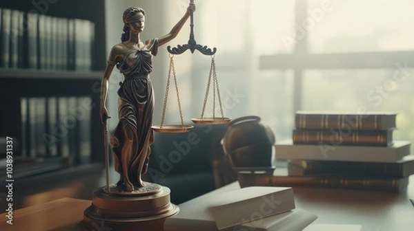 Fototapeta A detailed statue of Lady Justice holding scales in a law office, symbolizing fairness and legal principles in a professional setting.