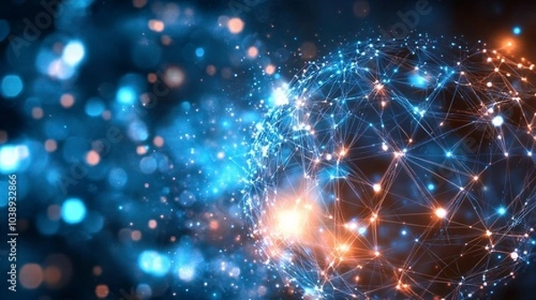 Fototapeta Abstract Network Sphere with Blue and Orange Glowing Lights