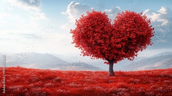 Fototapeta Heart shaped red tree in a vibrant landscape, romantic and symbolic nature scene with bright red and soft blue hues