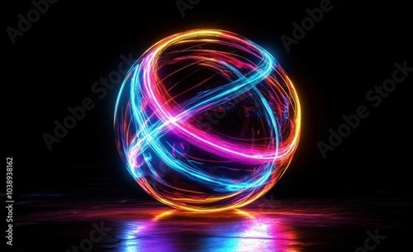 Fototapeta Vibrant neon sphere with swirling light trails glowing against a dark background