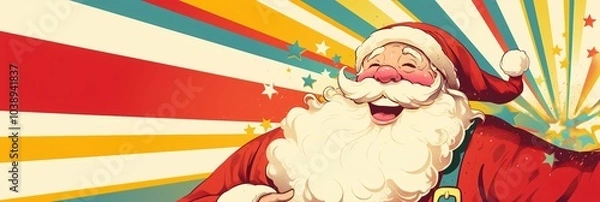 Fototapeta Laughing Santa Claus with colorful background. Vintage illustration design. Retro pop art. Christmas and New Year celebration concept. Classic American holiday. Greeting card, poster, invitation