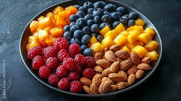 Fototapeta A black plate with a variety of fruits and nuts, full of blueberries, raspberries, almonds, and mango. Mixed fruits and nuts, brain-stimulating snack, healthy, natural energy boost, solid background.