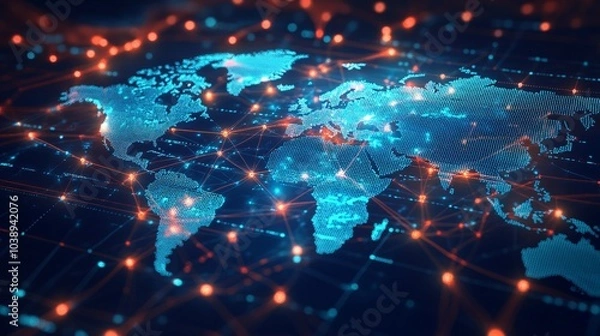 Fototapeta Digital World Map with Interconnected Red Lines and Blue Dots