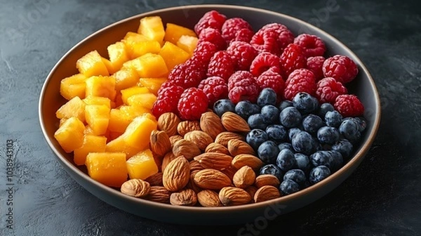 Fototapeta A black plate with a variety of fruits and nuts, full of blueberries, raspberries, almonds, and mango. Mixed fruits and nuts, brain-stimulating snack, healthy, natural energy boost, solid background.