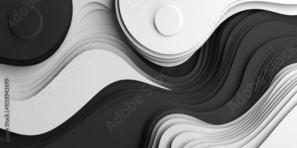 Obraz Abstract Yin Yang Symbol with 3D Paper Cutout Design and Wavy Patterns in Black and White - Minimalist Art.