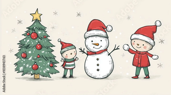 Fototapeta Children building a snowman with a Christmas tree in the background, Christmas tree, vector style