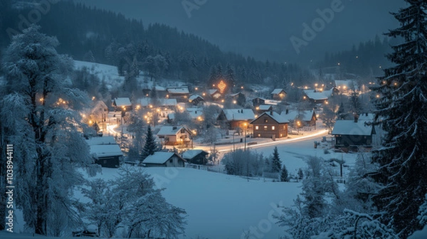 Fototapeta A snow-covered village at night with glowing Christmas lights on houses and trees, Christmas, copy space