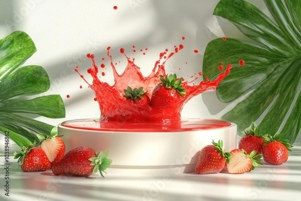 Obraz Strawberry Splash: A Refreshing and Vibrant Burst of Summer Flavors. Podium stage advertisement 