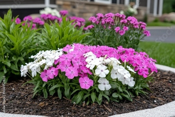 Fototapeta Phlox plants thriving in a flowerbed, their white and pink flowers forming a beautiful, soft cluster of blooms