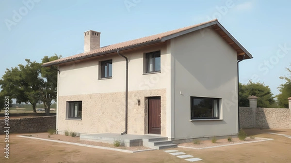 Fototapeta small house on the ground floor with stone and cement cladding