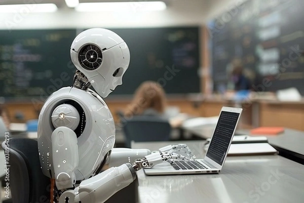 Fototapeta Humanoid Robot Using Laptop At Desk In Classroom, robot, classroom, ai, artificial, teacher, intelligence, code, study, tech, machine, laptop, technology, future, reading, 4, 0, woman