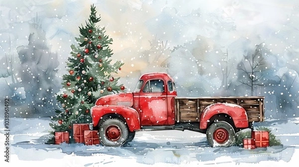 Obraz watercolour illustration of red christmas truck and christmas tree, greeting card 