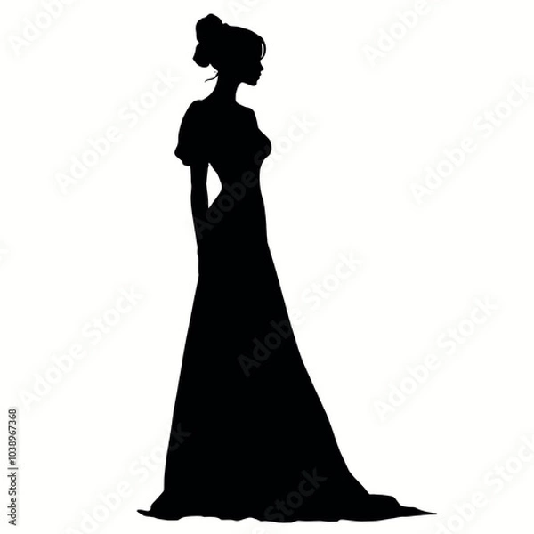 Obraz A silhouette of a woman wearing a long dress or gown with puffed sleeves isolated white background