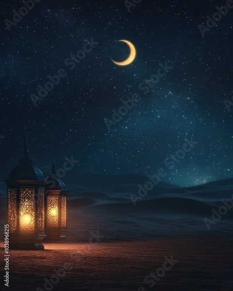 Obraz Two Ornate Lanterns Glowing in the Desert Under a Starry Night Sky with a Crescent Moon.