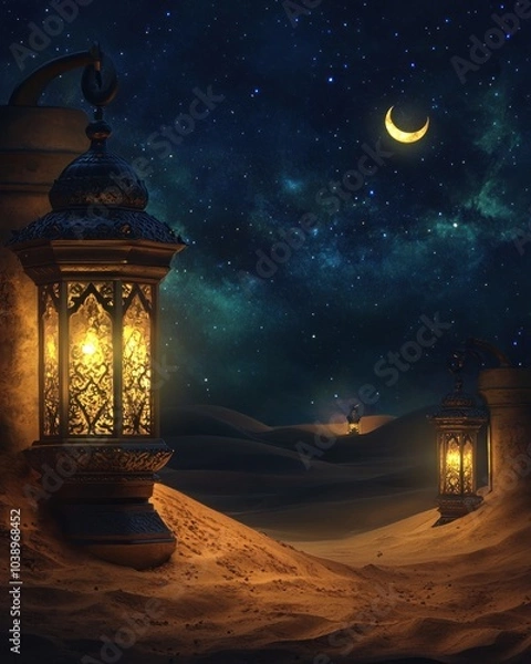 Obraz Mystical Ramadan Night in the Desert with Glowing Lanterns and a Crescent Moon.