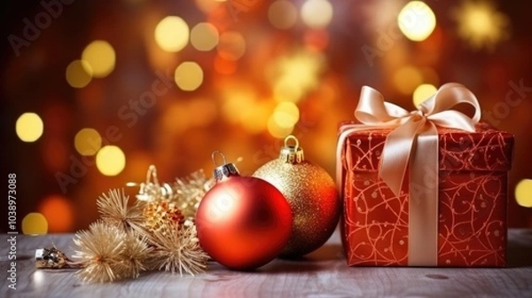 Obraz New Year background and studio with all toys, gifts and Christmas tree, candles, no people, space for text.