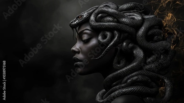 Fototapeta A dark and fierce portrayal of Medusa, with serpents for hair, capturing the mythical and mysterious essence of this powerful ancient figure, Generative Ai